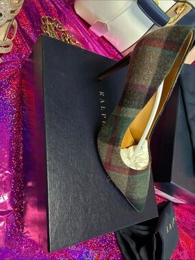 Ralph Lauren Plaid Wool Pointed Toe Stiletto in Green and Brown